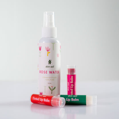 Rose Water + Pack of 3 Lip Balms - Tinted & Transparent